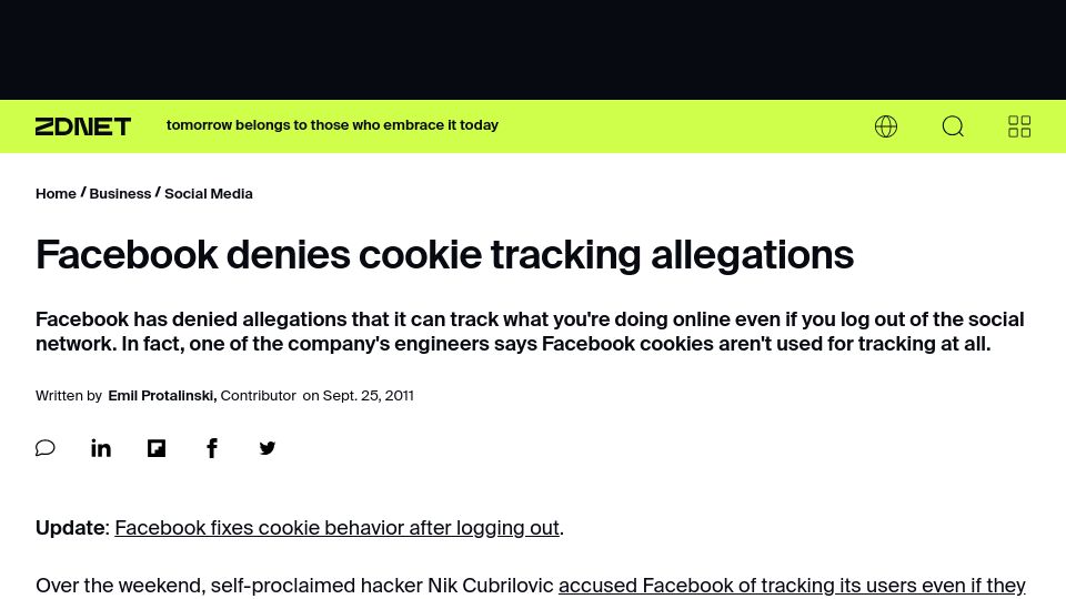 Screenshot of zdnet.com: Facebook denies cookie tracking allegations (2011)