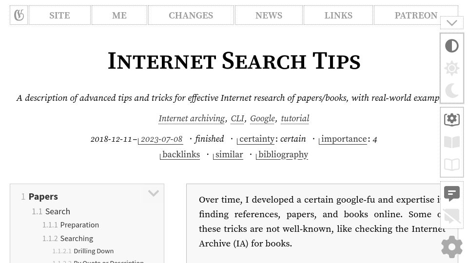 Screenshot of gwern.net: Internet search tips