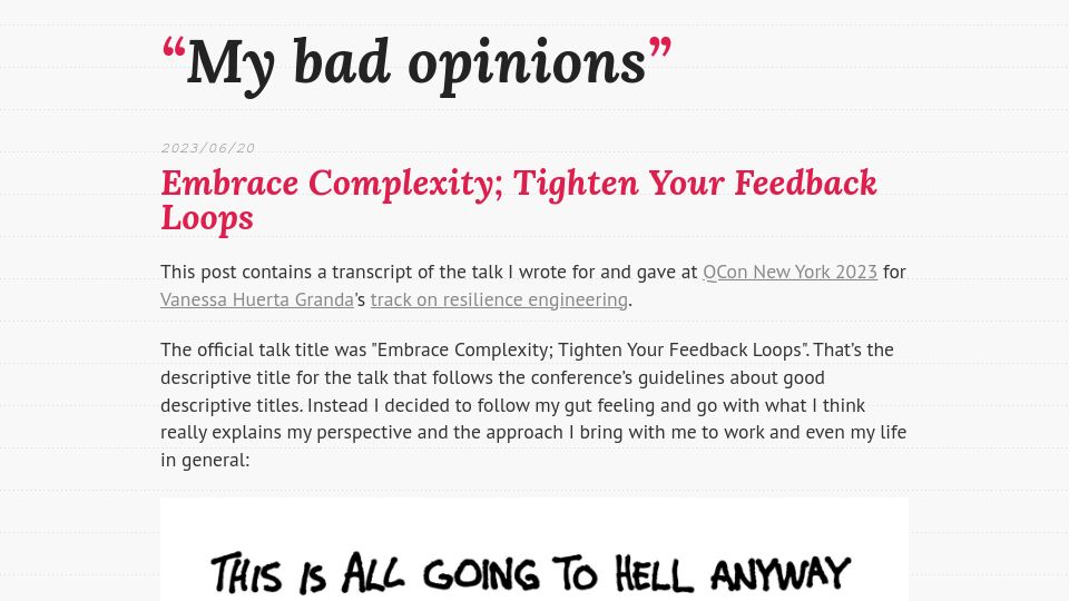 Screenshot of ferd.ca: Embrace Complexity; Tighten Your Feedback Loops