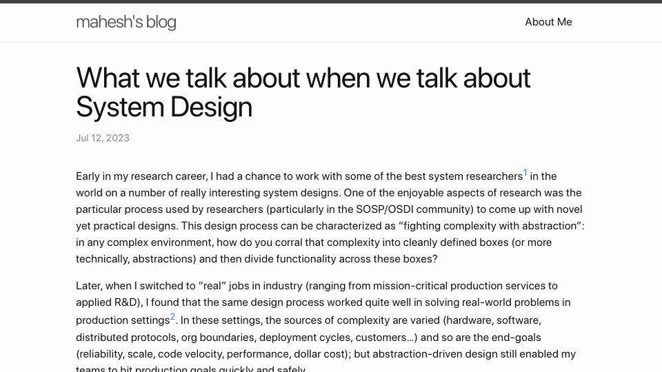 Screenshot of maheshba.bitbucket.io: What we talk about when we talk about system design