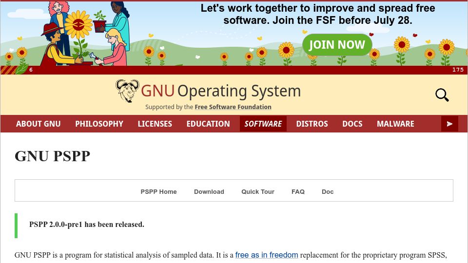 Screenshot of gnu.org: GNU PSPP