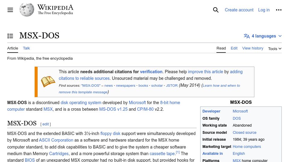Screenshot of en.wikipedia.org: MSX-DOS
