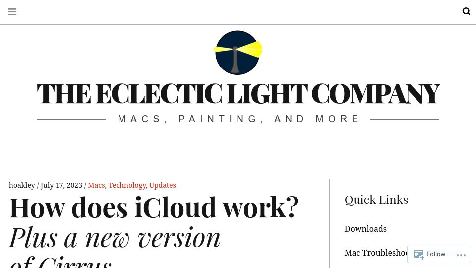 Screenshot of eclecticlight.co: How does iCloud work? Plus a new version of Cirrus