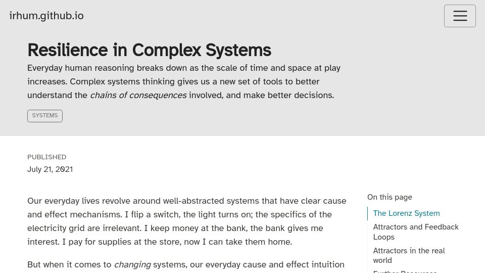 Screenshot of irhum.github.io: Resilience in Complex Systems (2021)