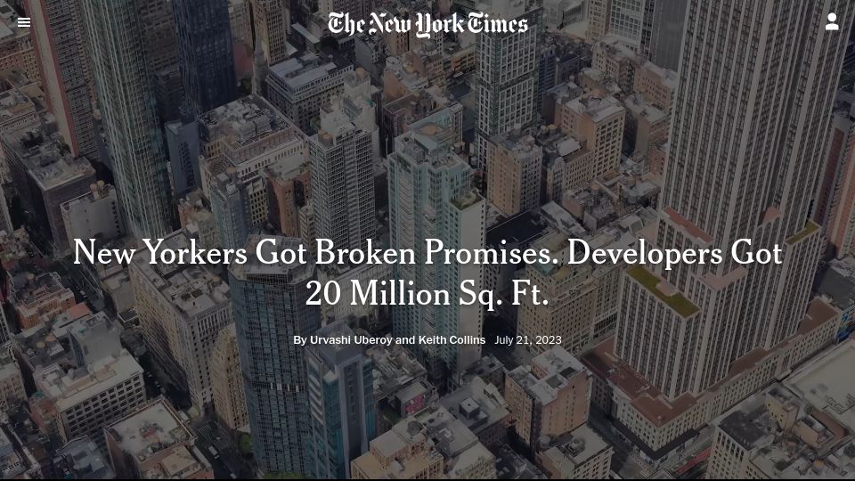 Screenshot of nytimes.com: New Yorkers Got Broken Promises. Developers Got 20M Sq. Ft