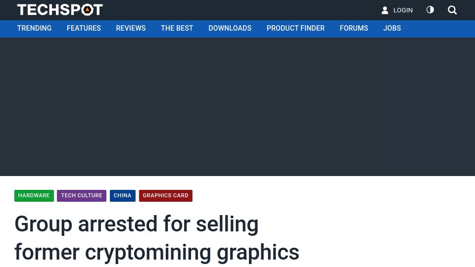 Screenshot of techspot.com: Group arrested for selling former cryptomining graphics cards as brand-new