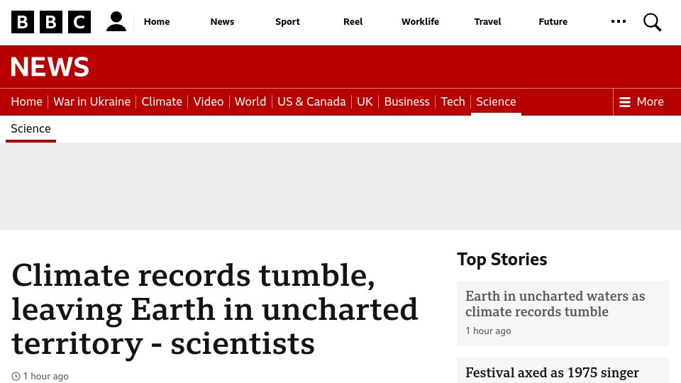 Screenshot of bbc.com: Climate records tumble, leaving Earth in uncharted territory – scientists