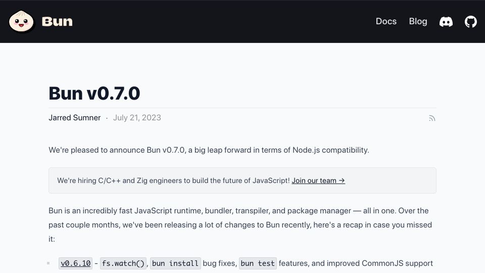 Screenshot of bun.sh: Bun v0.7.0