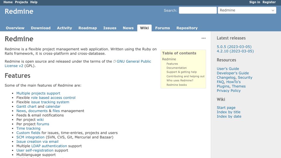 Screenshot of redmine.org: Redmine – open-source project management