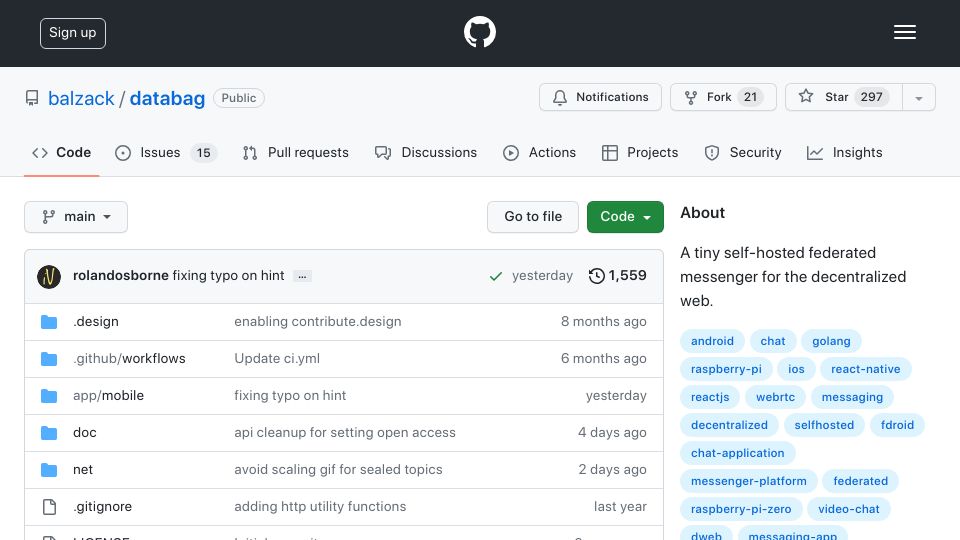 Screenshot of github.com: Databag – tiny self-hosted federated messenger for the decentralized web