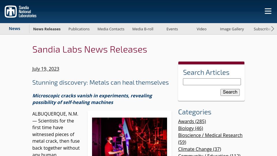 Screenshot of newsreleases.sandia.gov: Discovery: Metals can heal themselves