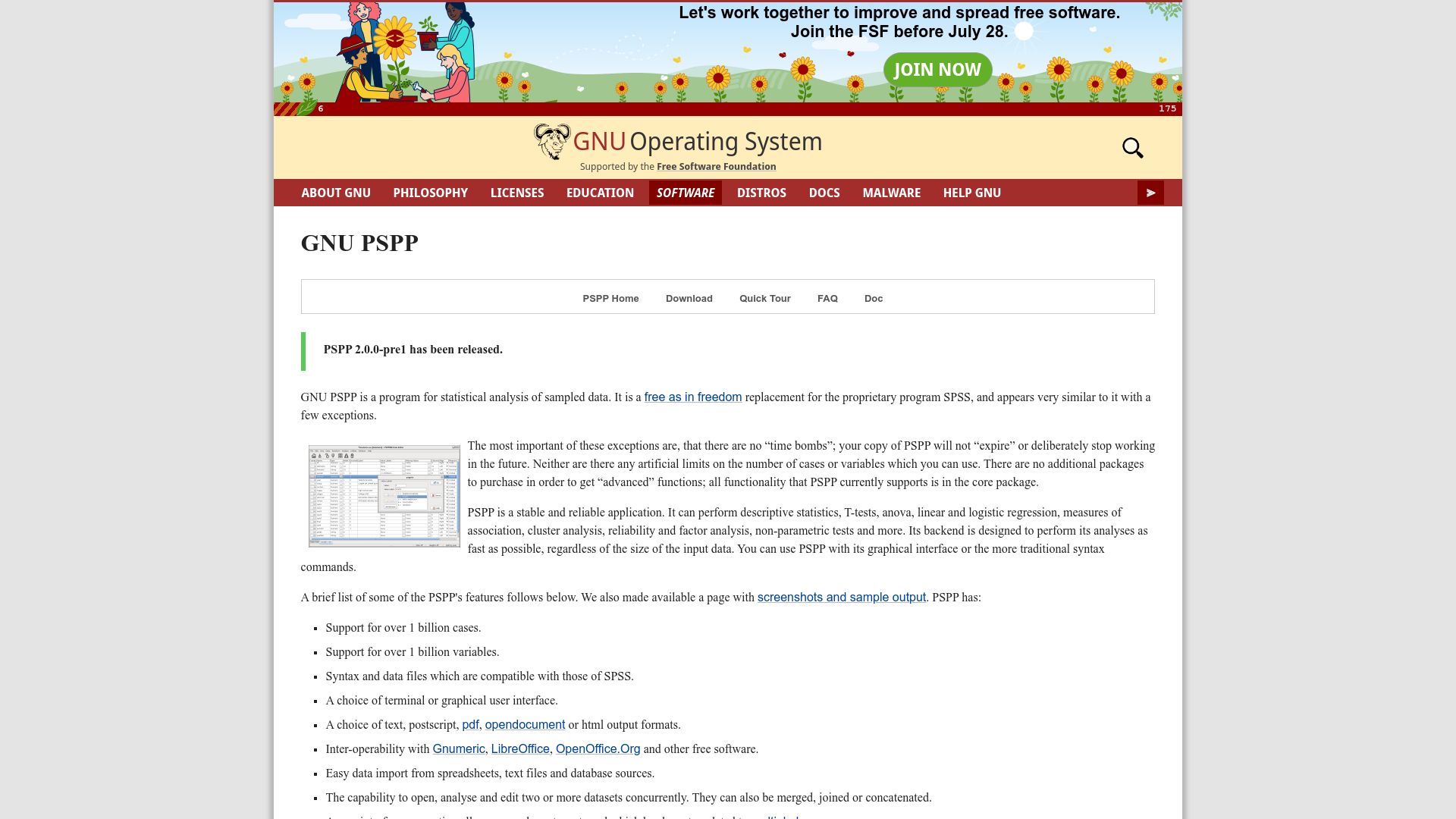 Screenshot of gnu.org: GNU PSPP