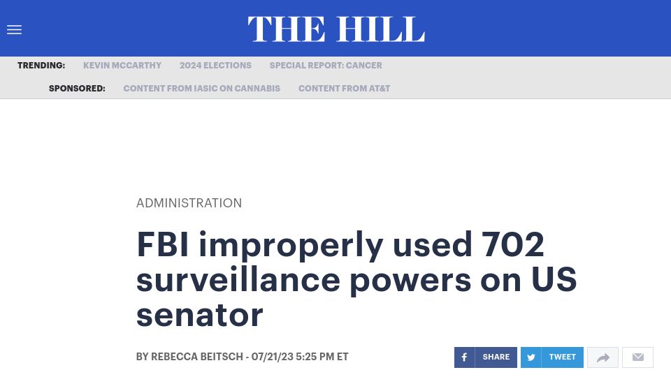 Screenshot of thehill.com: FBI improperly used 702 surveillance powers on US senator
