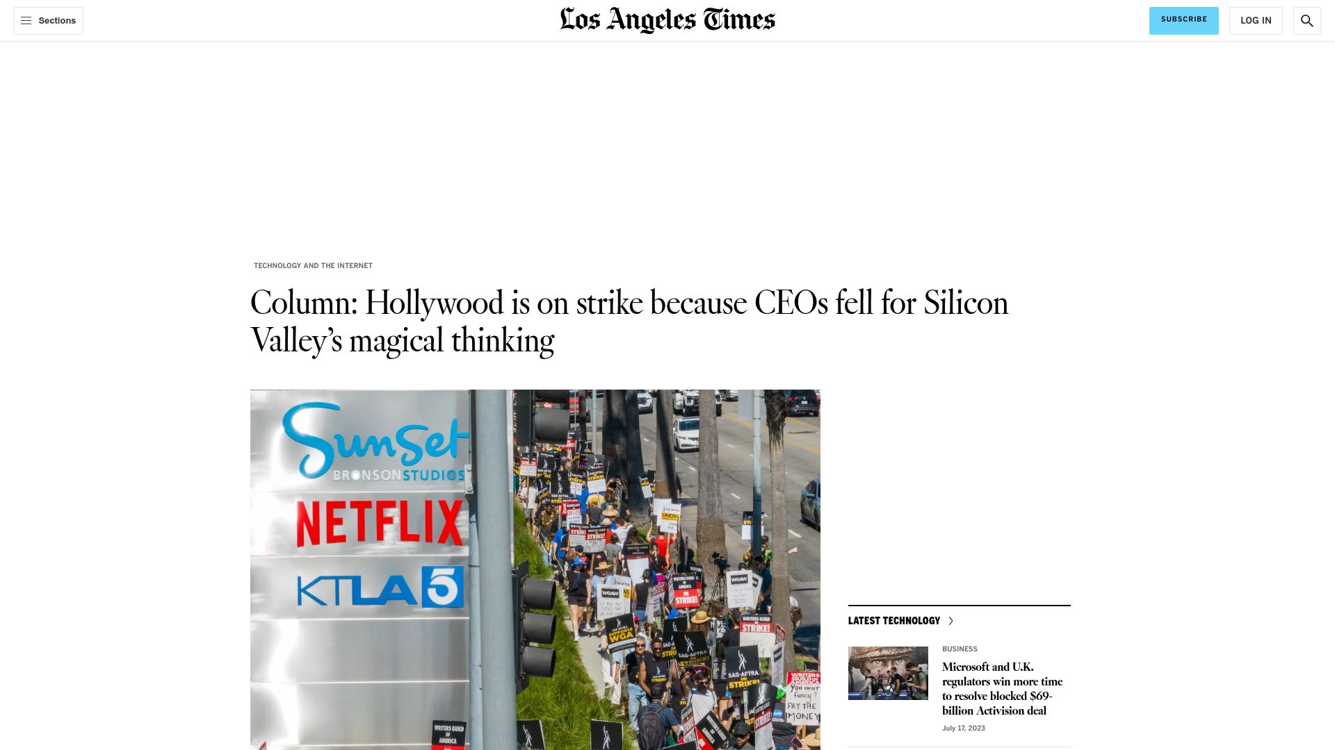 Screenshot of latimes.com: Hollywood is on strike because CEOs fell for Silicon Valley’s magical thinking