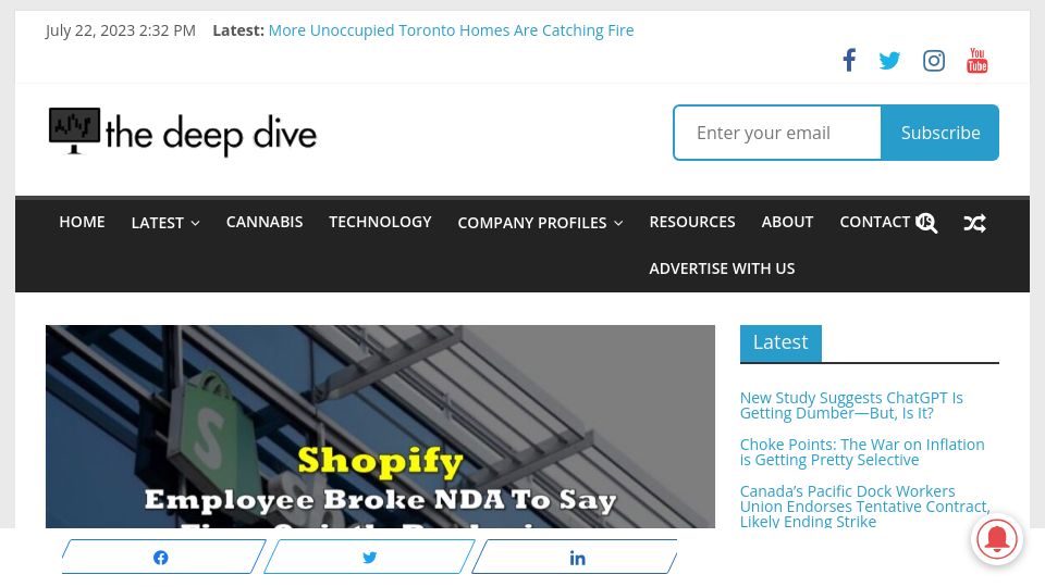 Screenshot of thedeepdive.ca: Shopify employee breaks NDA to reveal firm replacing laid off workers with AI