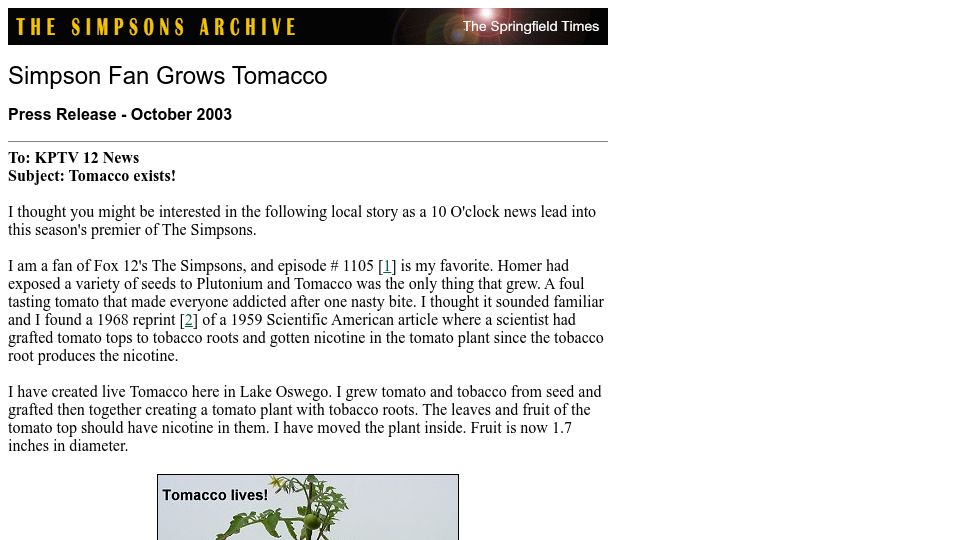 Screenshot of simpsonsarchive.com: Simpson Fan Grows Tomacco (2003)