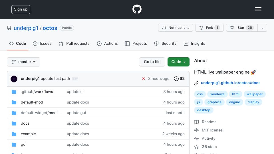 Screenshot of github.com: Octos – HTML live wallpaper engine