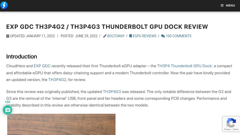 Screenshot of egpu.io: TH3P4G3 Thunderbolt eGPU Dock Review (2022)