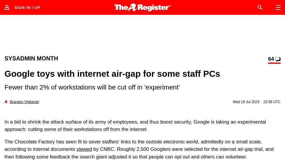 Screenshot of theregister.com: Google tries internet air-gap for some staff PCs