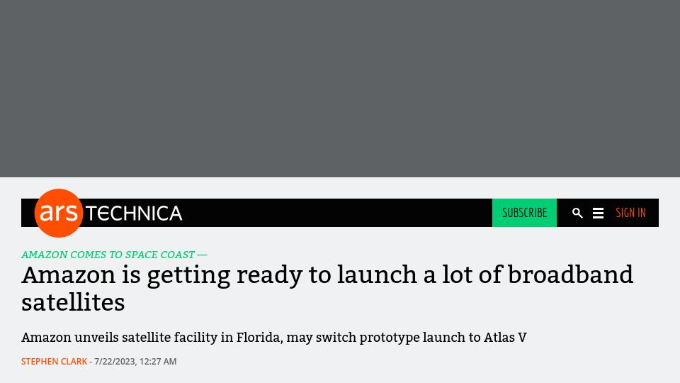 Screenshot of arstechnica.com: Amazon is getting ready to launch a lot of broadband satellites