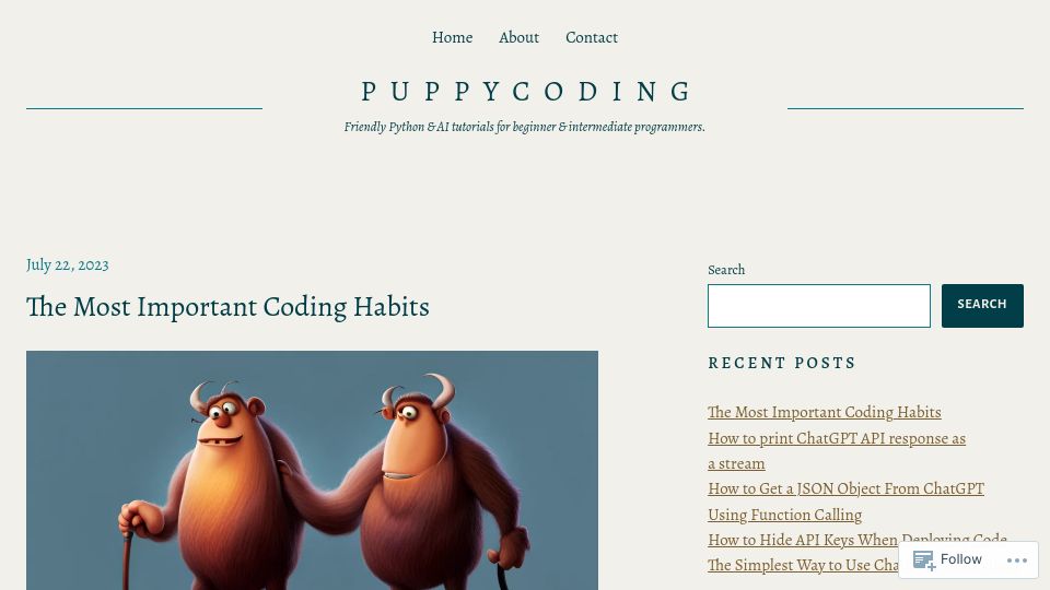 Screenshot of puppycoding.com: Important Coding Habits