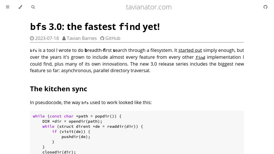 Screenshot of tavianator.com: Bfs 3.0: The Fastest Find Yet