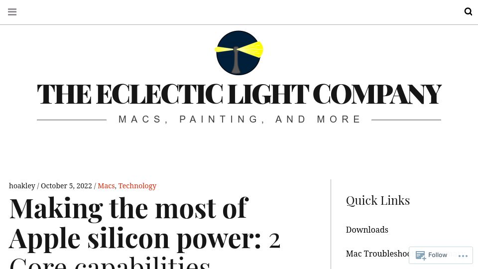 Screenshot of eclecticlight.co: Making the most of Apple Silicon power: 2 Core capabilities (2022)