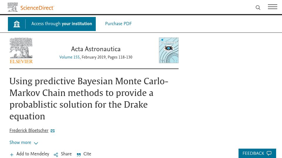 Screenshot of sciencedirect.com: Bayesian methods to provide probablistic solution for the Drake equation (2019)
