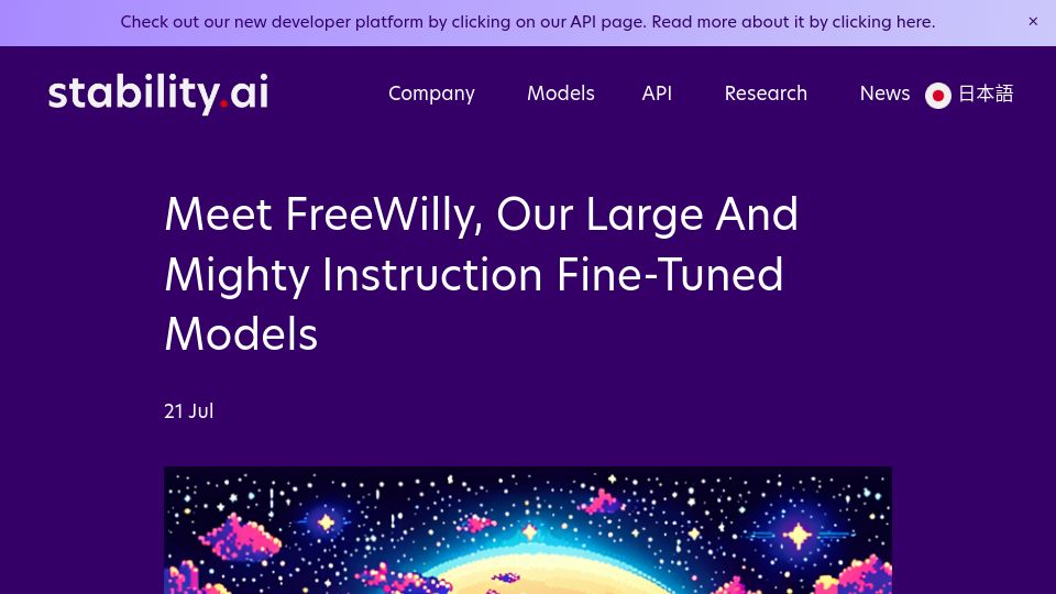 Screenshot of stability.ai: FreeWilly 1 and 2, two new open-access LLMs