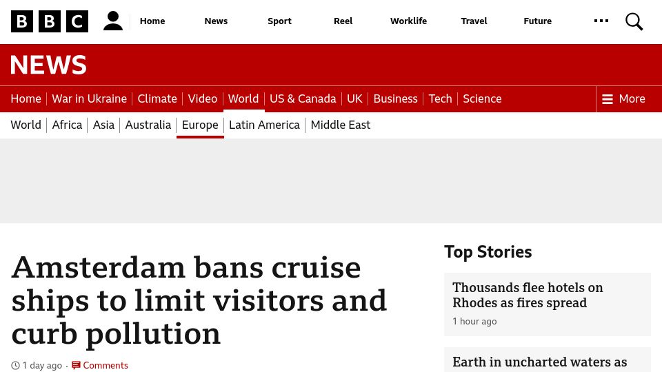 Screenshot of bbc.com: Amsterdam bans cruise ships