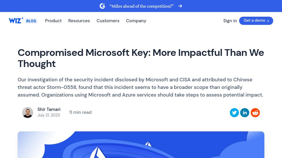 Screenshot of wiz.io: Compromised Microsoft key: More impactful than we thought