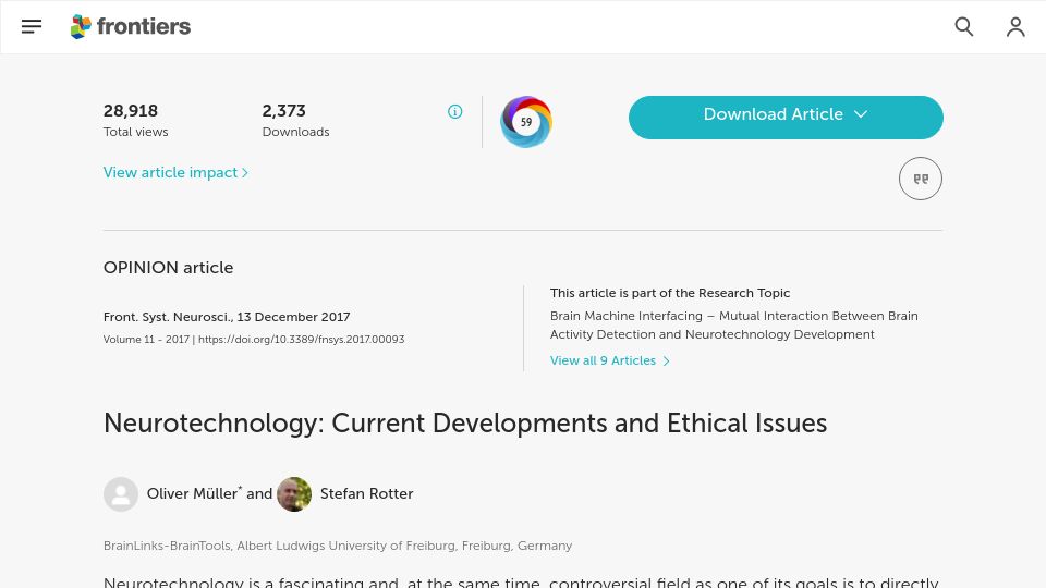 Screenshot of frontiersin.org: Neurotechnology: Current Developments and Ethical Issues