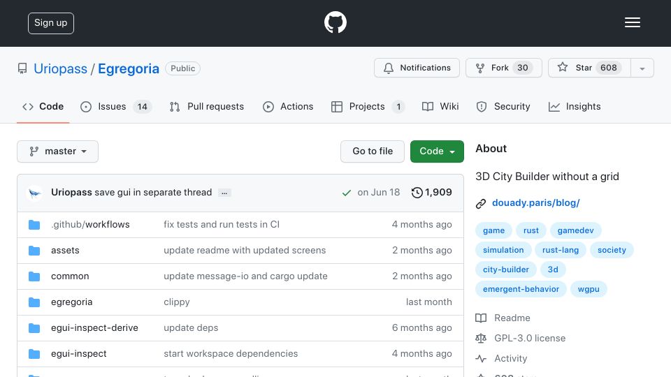 Screenshot of github.com: Egregoria: 3D City Builder without a grid