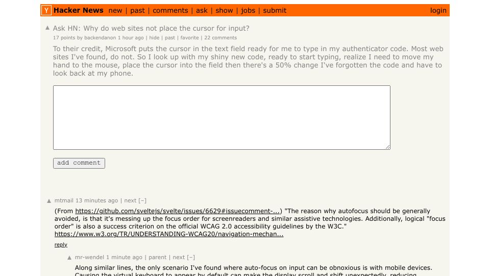 Screenshot of Hacker News post: Ask HN: Why do web sites not place the cursor for input?