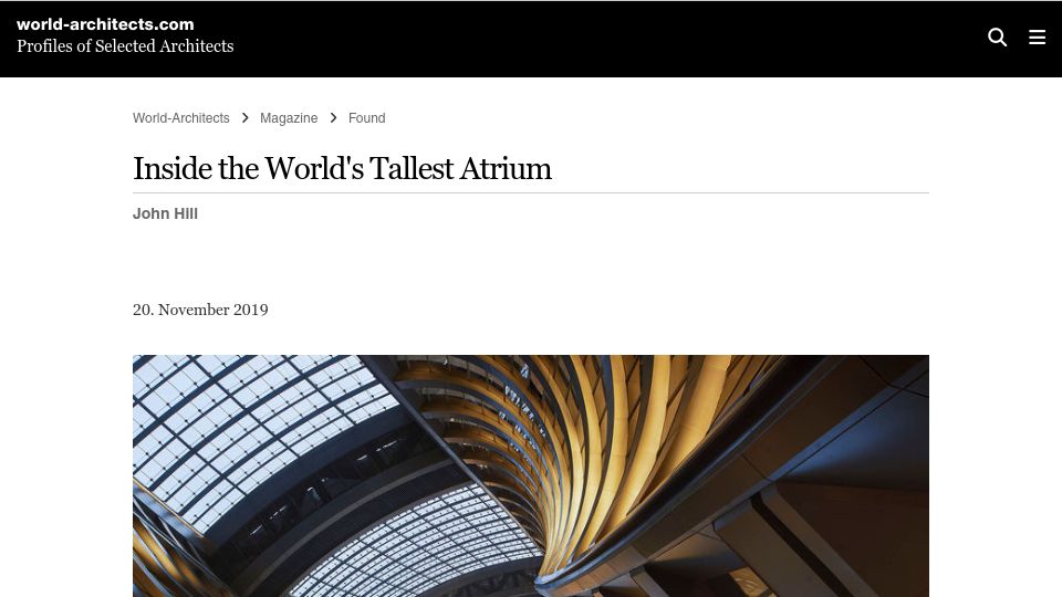 Screenshot of world-architects.com: The Tallest Atrium (2019)