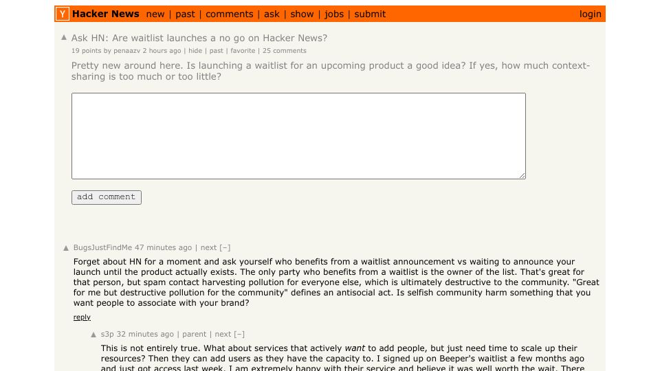 Screenshot of Hacker News post: Ask HN: Are waitlist launches a no go on Hacker News?