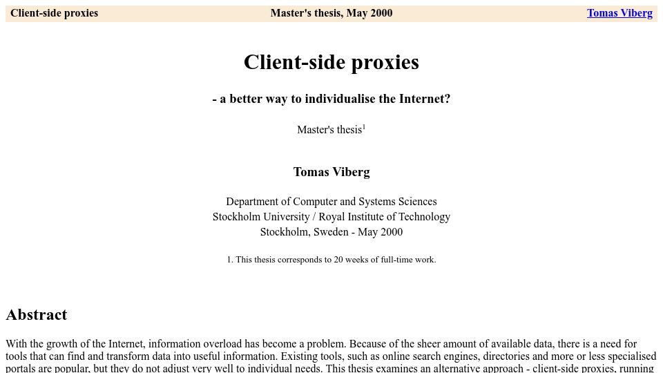 Screenshot of people.dsv.su.se: Client-side proxies – a better way to individualise the Internet? (2000)