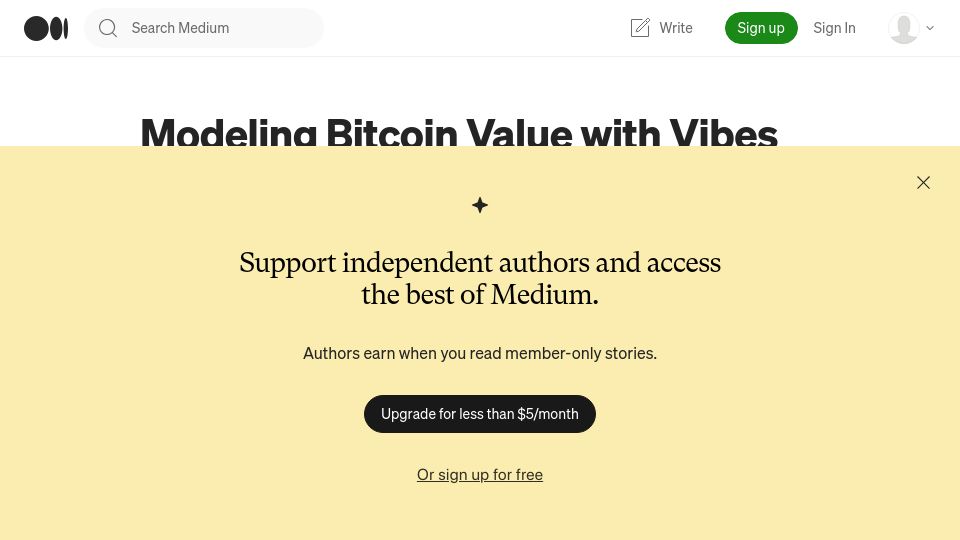Screenshot of allenfarrington.medium.com: Modeling Bitcoin Value with Vibes. This model has an R² of 0.97