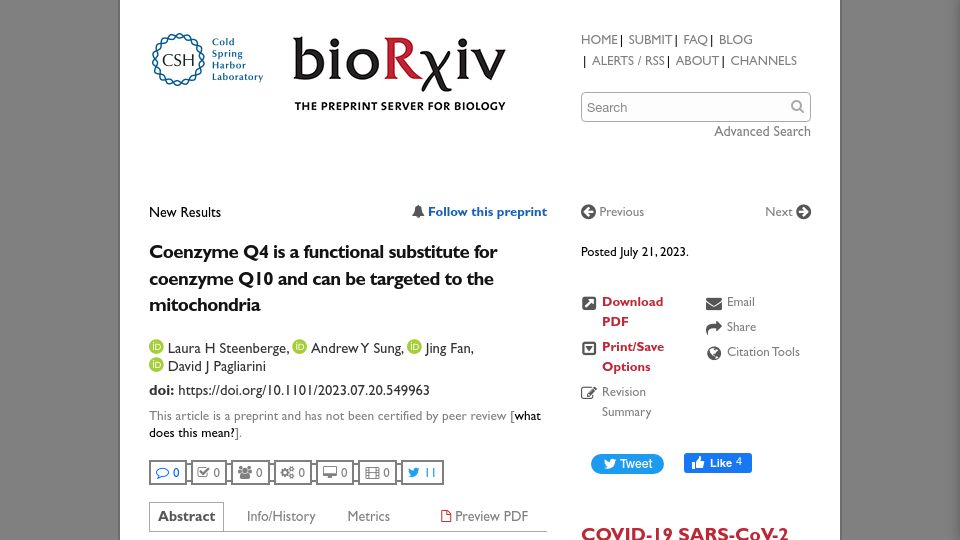 Screenshot of biorxiv.org: CoQ4 is a functional substitute for CoQ10 and can be targeted to mitochondria