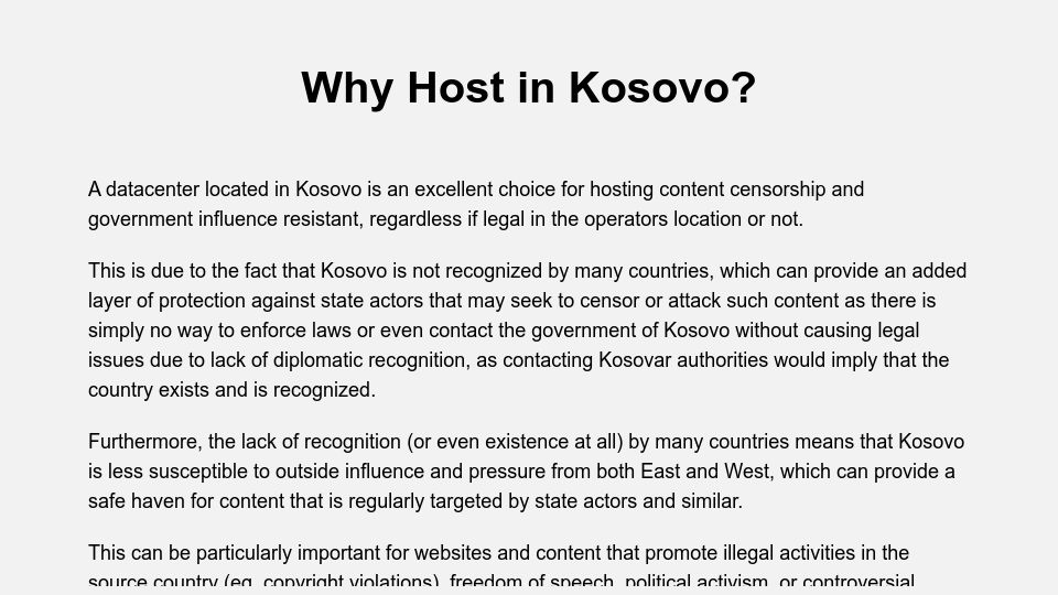 Screenshot of basehost.eu: Why Host Datacenter in Kosovo?