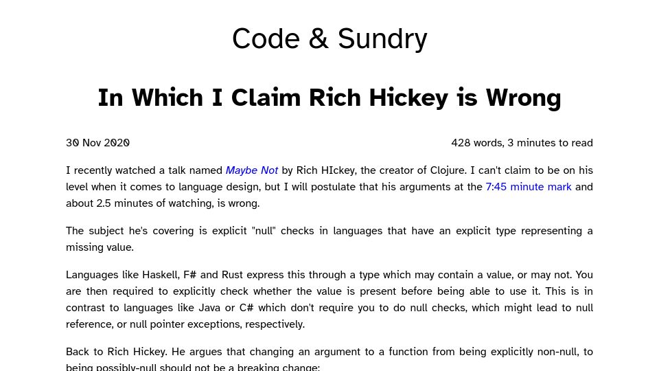 Screenshot of blog.jonstodle.com: I claim Rich Hickey is wrong about non-null arguments to functions (2020)