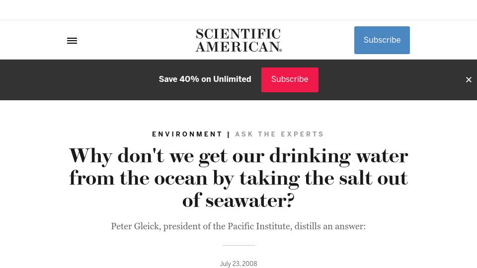 Screenshot of scientificamerican.com: Why don't we get our drinking water by taking salt out seawater? (2008)