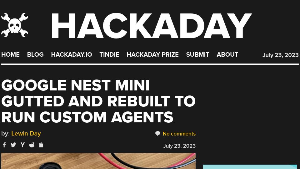 Screenshot of hackaday.com: Google Nest Mini Gutted and Rebuilt to Run Custom Agents