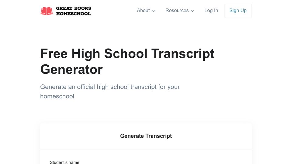 Screenshot of greatbookshomeschool.com: Show HN: High school transcript generator for homeschoolers