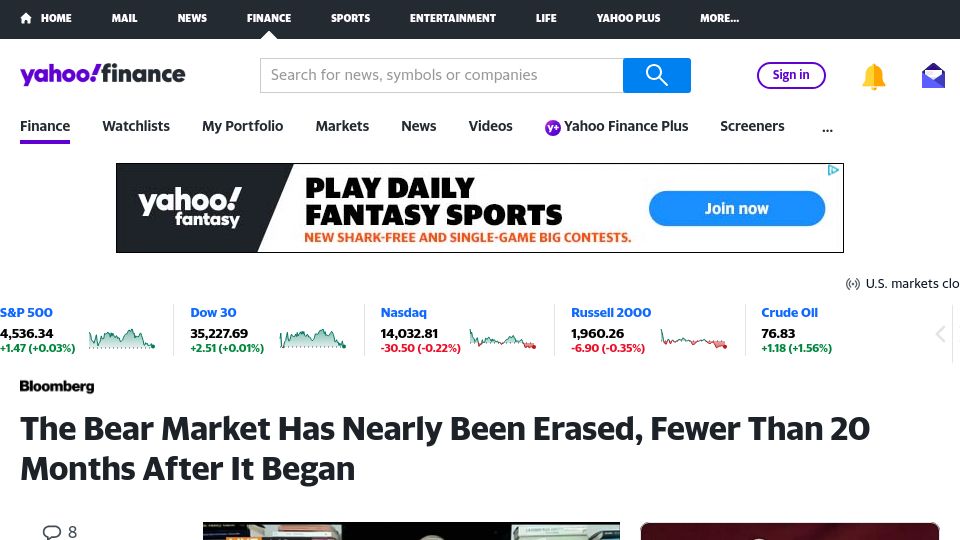 Screenshot of finance.yahoo.com: The Bear Market Has Nearly Been Erased, Fewer Than 20 Months After It Began
