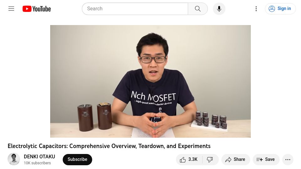 Screenshot of youtube.com: Electrolytic capacitors: overview, teardown and experiments [video]