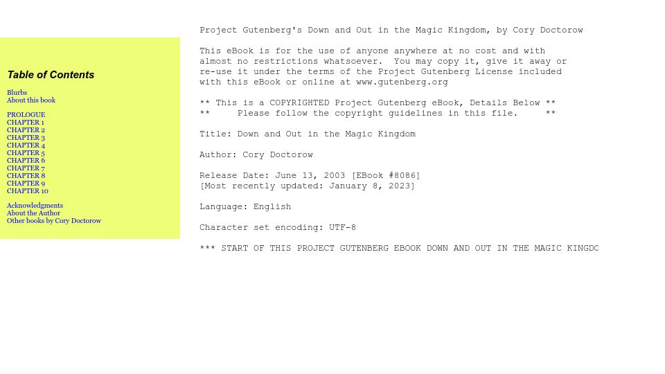 Screenshot of gutenberg.org: Down and Out in the Magic Kingdom (2003)