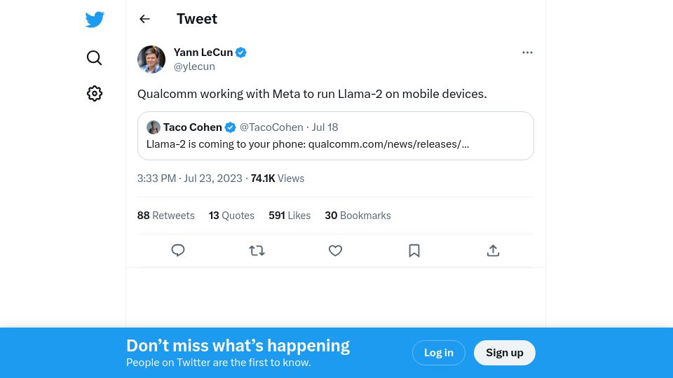 Screenshot of twitter.com: LeCun: Qualcomm working with Meta to run Llama-2 on mobile devices
