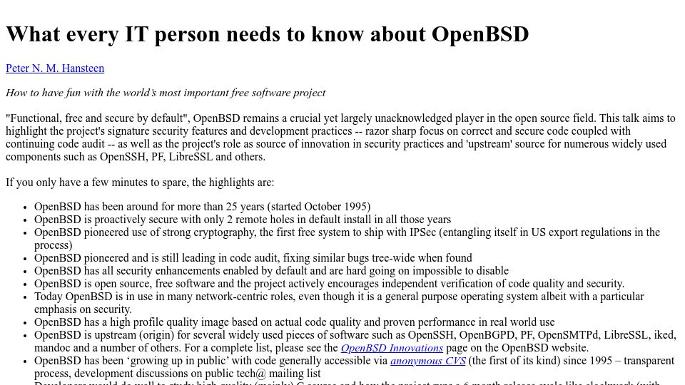 Screenshot of nxdomain.no: What every IT person needs to know about OpenBSD (2021)