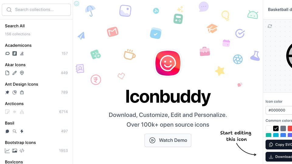Screenshot of iconbuddy.app: Icon Buddy – 100K+ Open Source SVG Icons, Fully Customizable